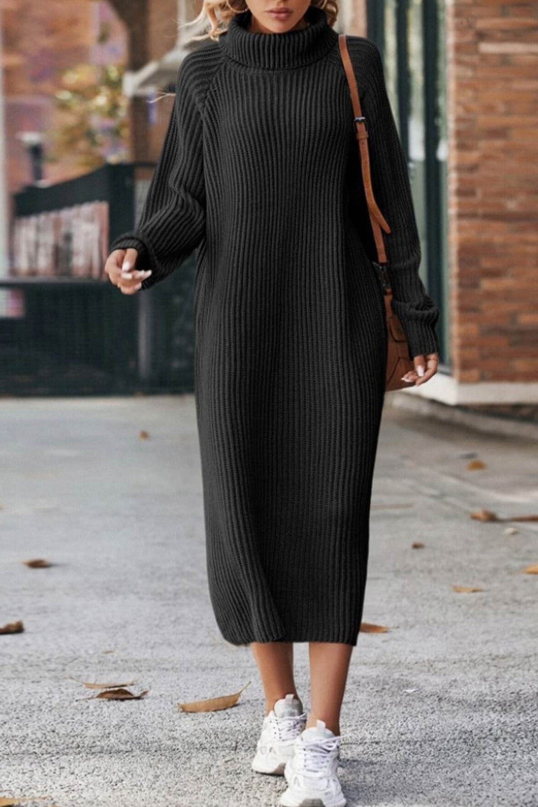 High Neck Ribbed Knit Sweater Dress Beige · M