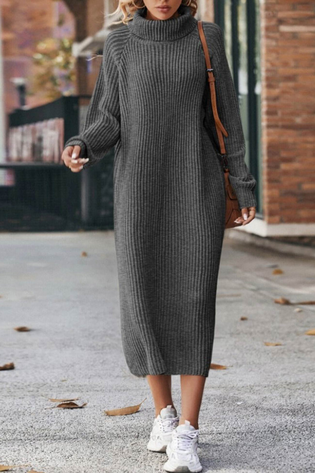 High Neck Ribbed Knit Sweater Dress Beige · L