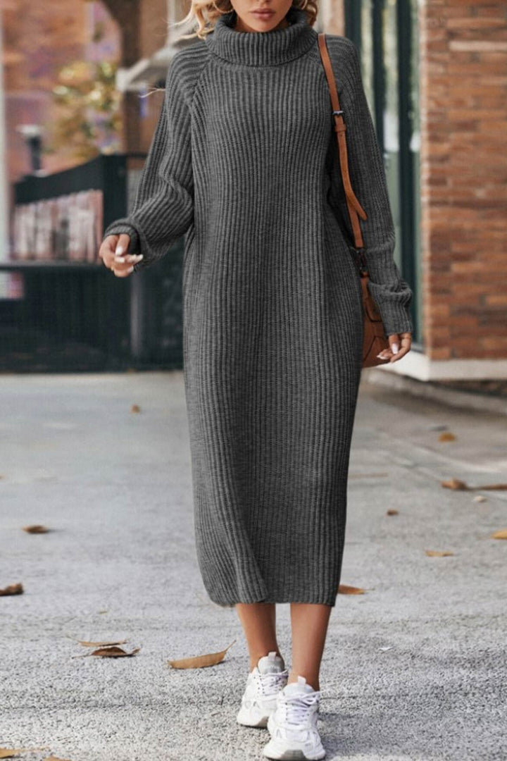 High Neck Ribbed Knit Sweater Dress Beige · L