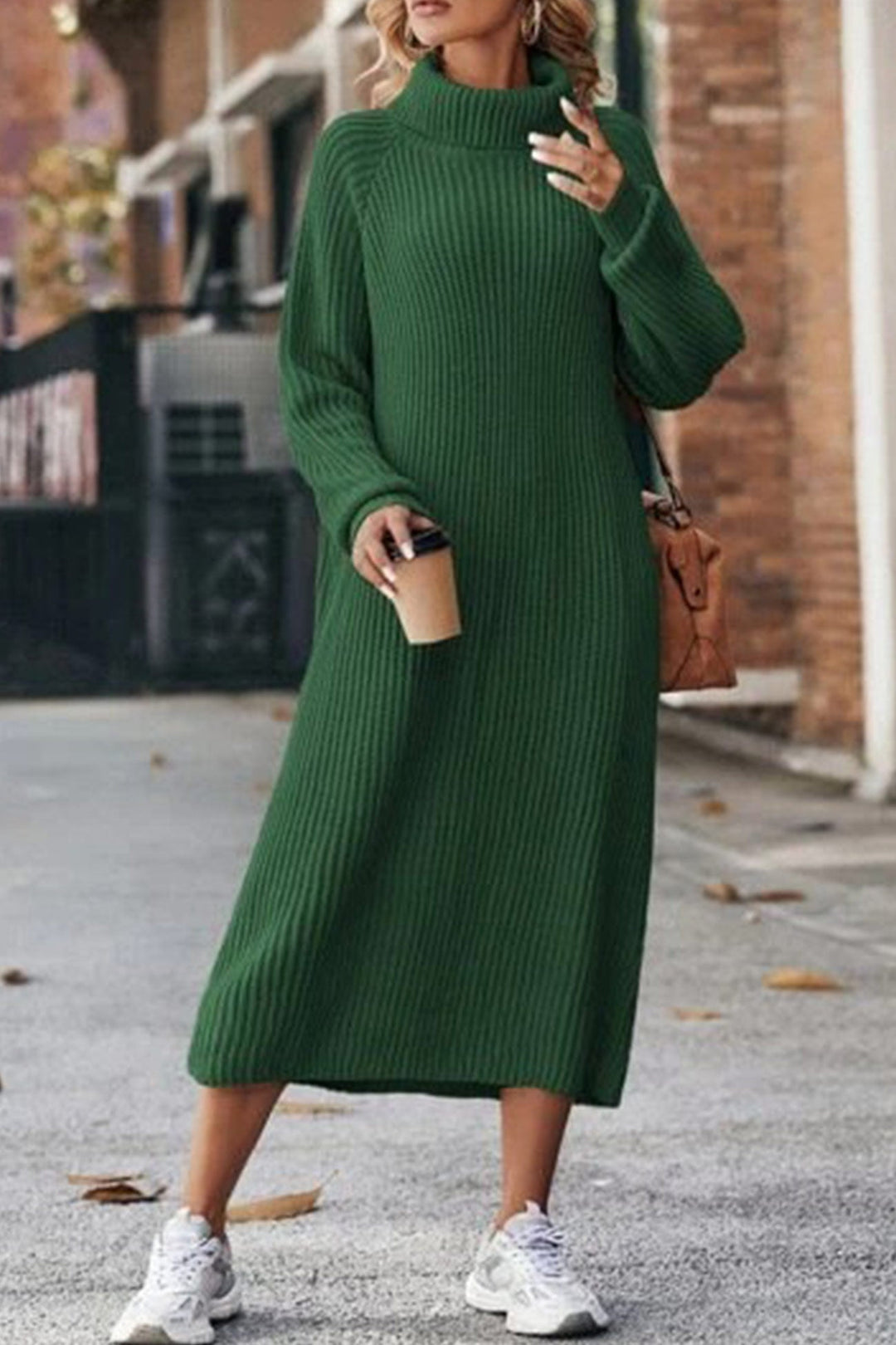 High Neck Ribbed Knit Sweater Dress Caramel · XS