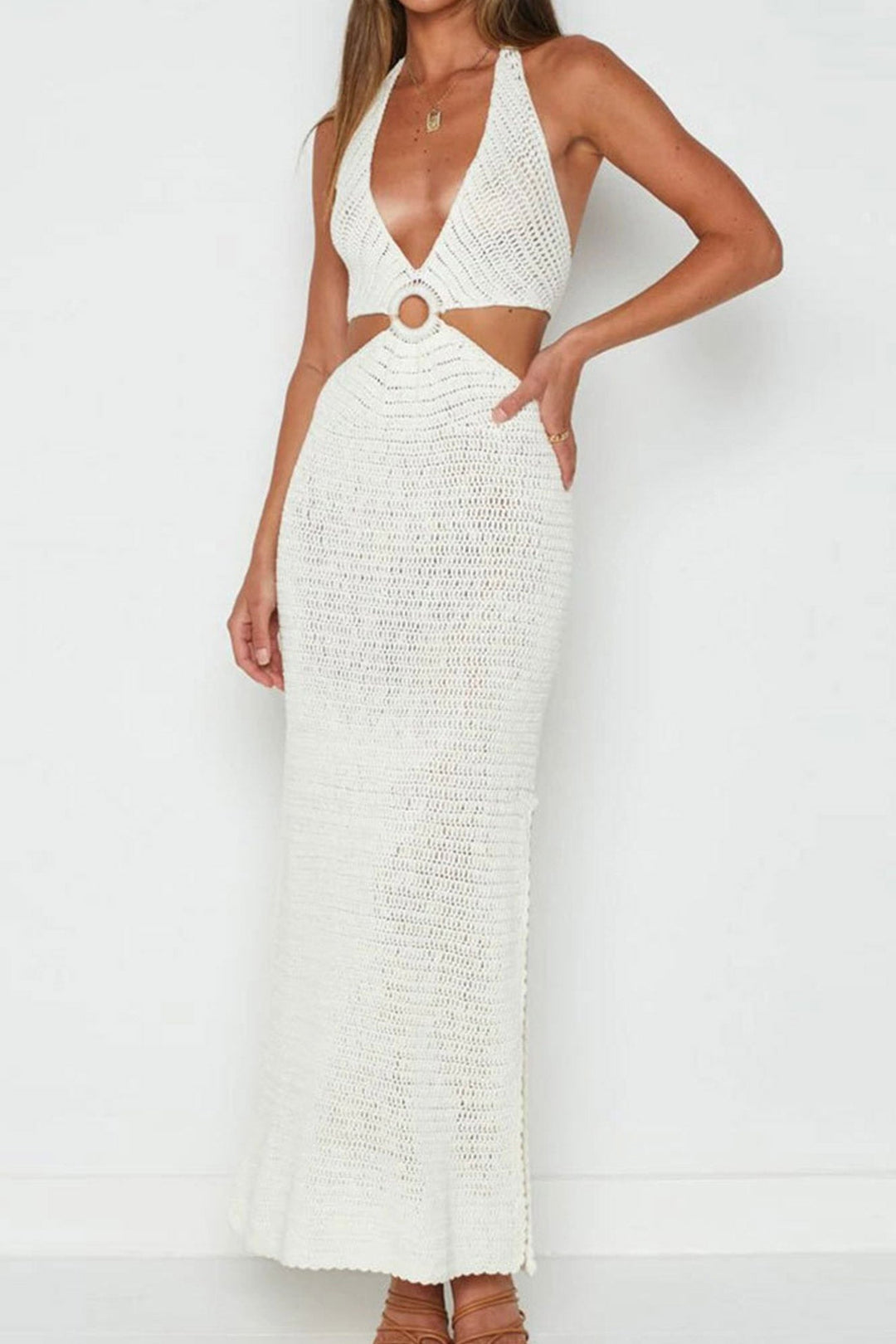 Hollow Out Tie-back Slit Cover-up Dress White · M