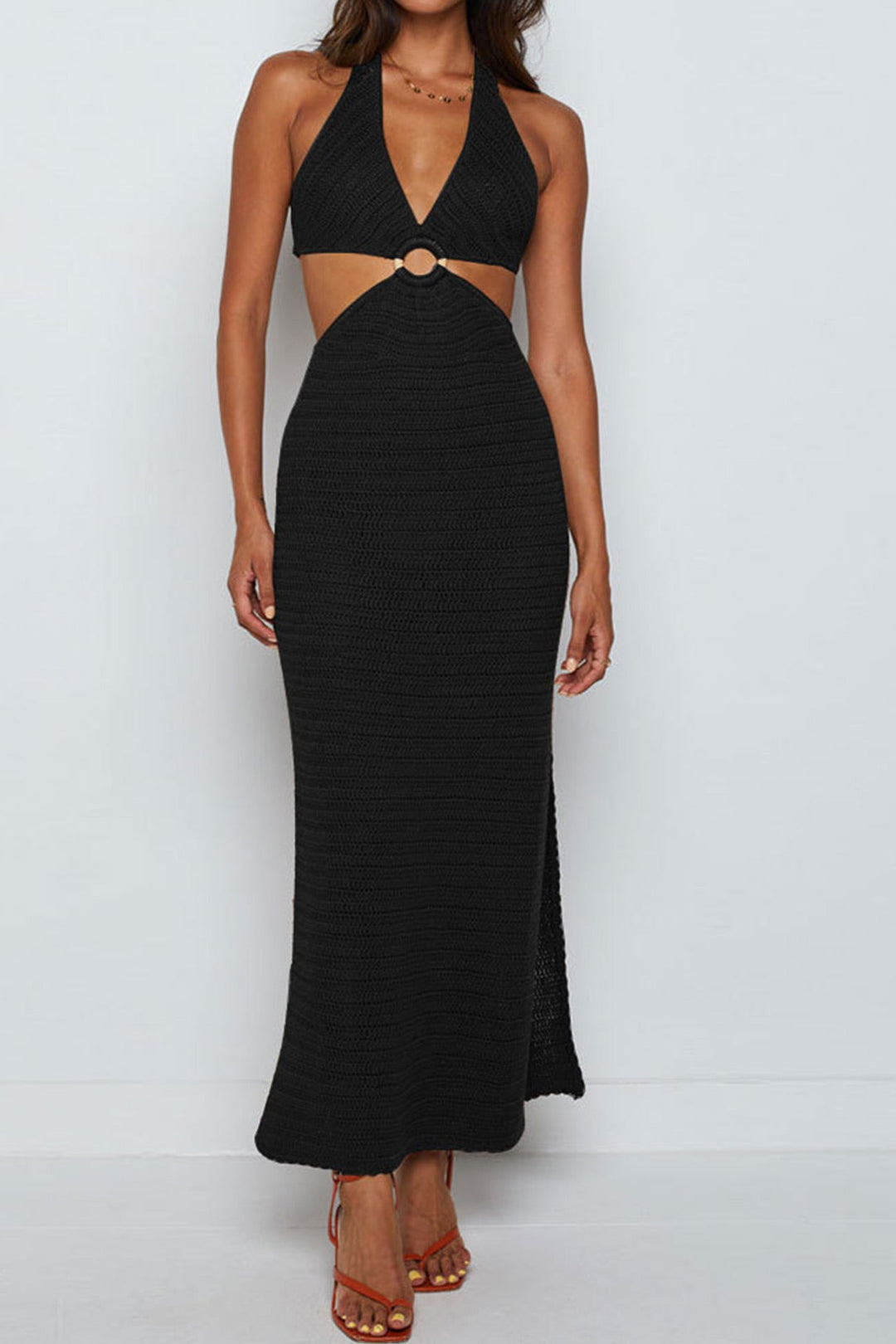 Hollow Out Tie-back Slit Cover-up Dress Brown · XL