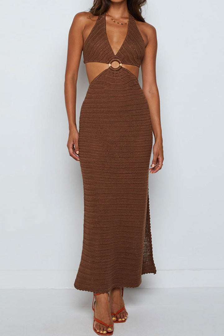 Hollow Out Tie-back Slit Cover-up Dress Brown · M