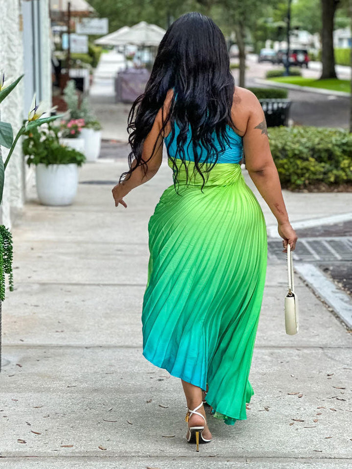 Ombre One Shoulder Pleated Dress Green / XL