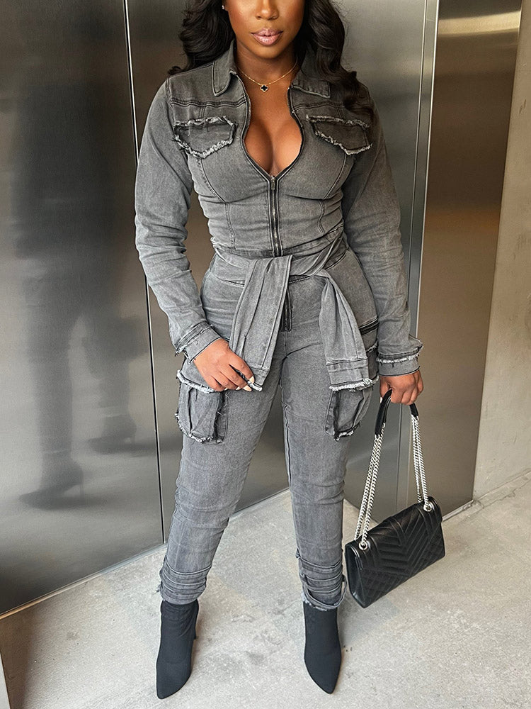Edgy Belt Denim Jumpsuit Gray* / M