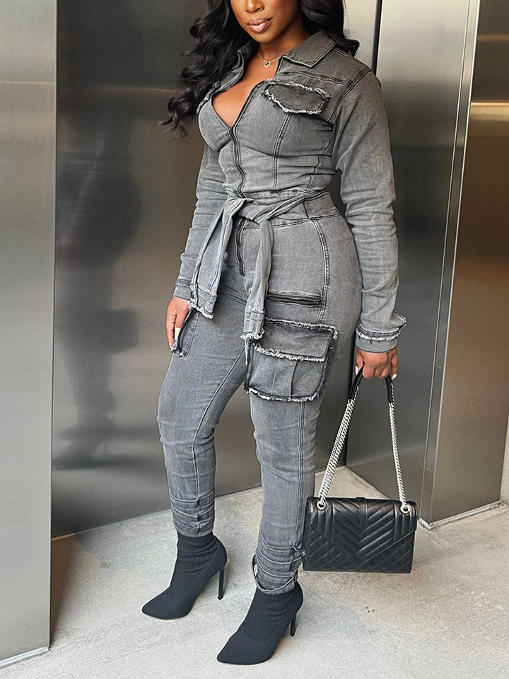 Edgy Belt Denim Jumpsuit Gray* / L