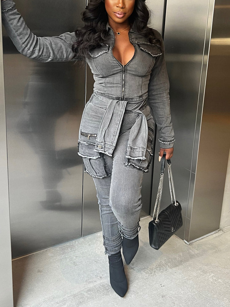 Edgy Belt Denim Jumpsuit Gray* / S