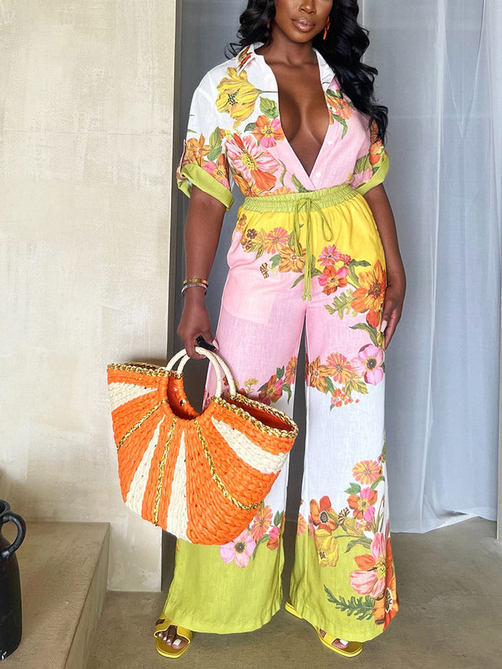 Blossom Cotton Linen Pants Set Light pink / M