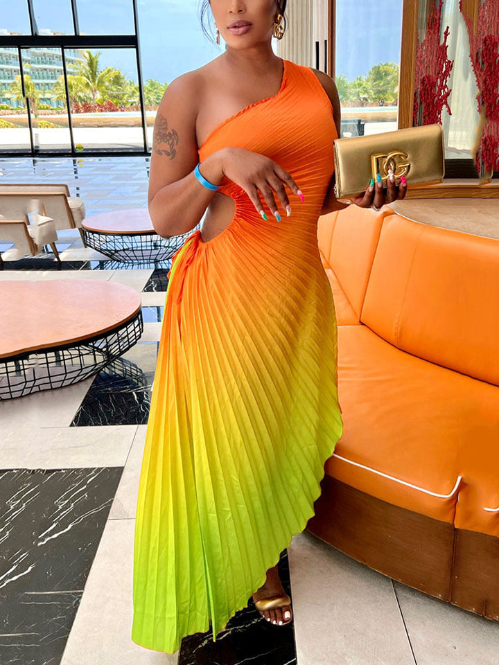 Ombre One Shoulder Pleated Dress Orange / 2XL