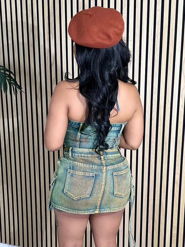 Denim Vintage Washed Cargo Skirt Set Set / M