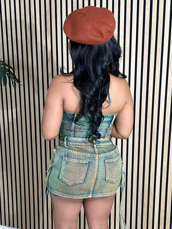 Denim Vintage Washed Cargo Skirt Set Set / M