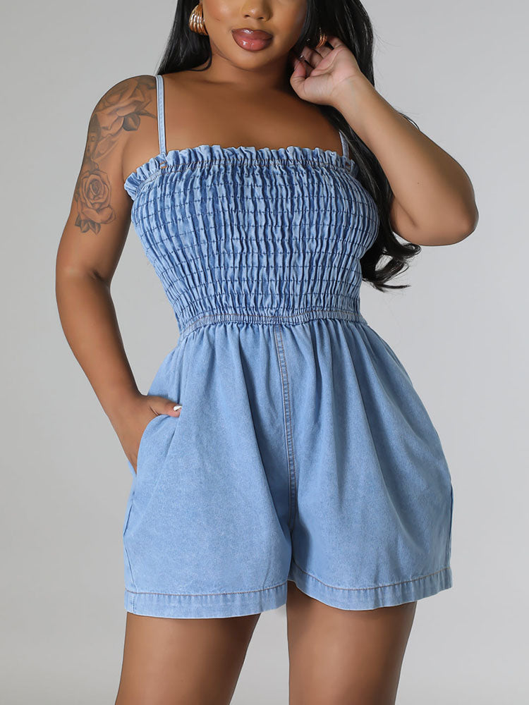 Ruched Denim Romper Blue / XL