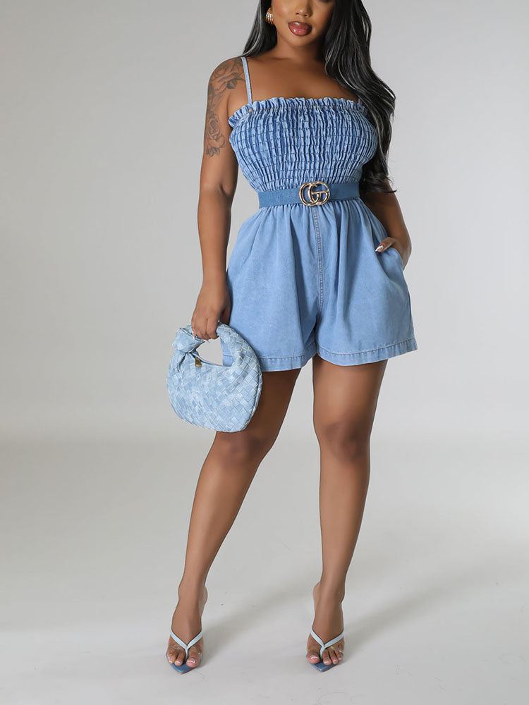 Ruched Denim Romper Blue / L