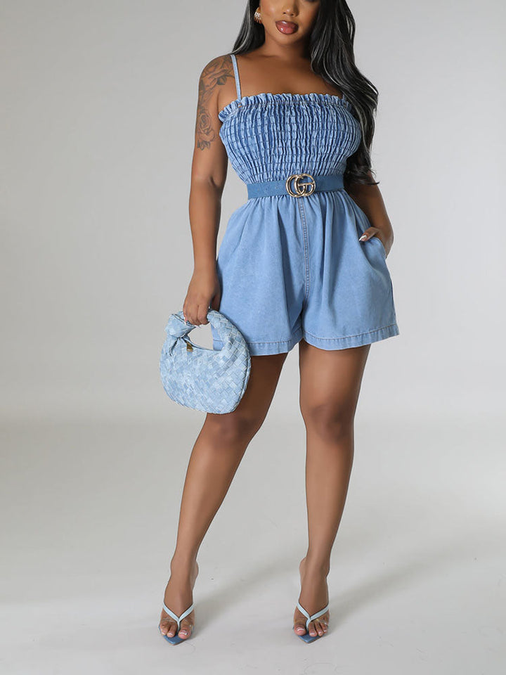 Ruched Denim Romper Blue / L