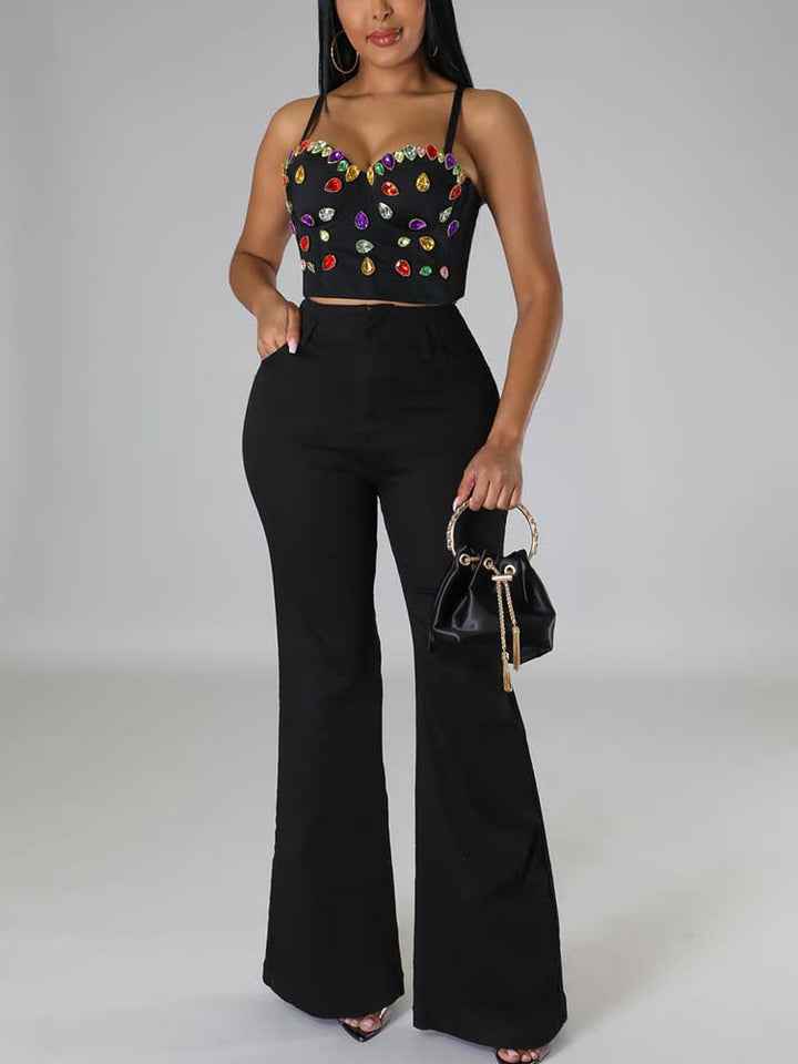 Bejeweled Spaghetti Strap Top Black / M