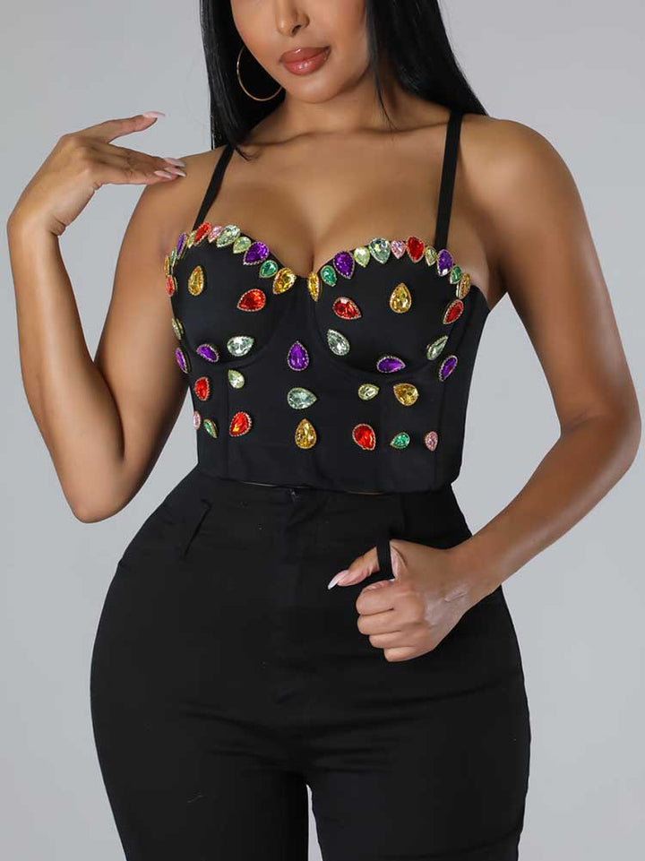 Bejeweled Spaghetti Strap Top Black / S
