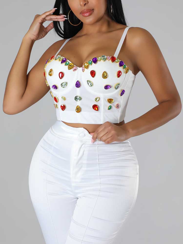 Bejeweled Spaghetti Strap Top White / M