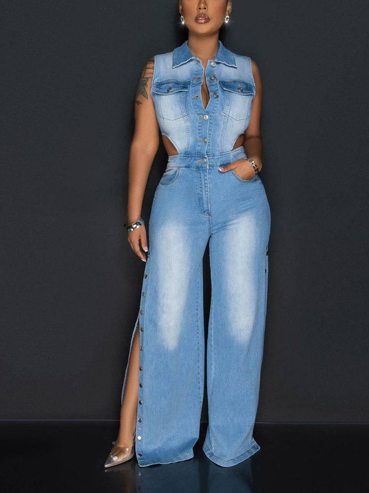 Snap It Out Wide Denim Jumpsuit Blue* / 2XL