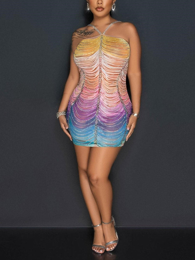 Gradient Mesh Rhinestone Dress Multicolor / 2XL