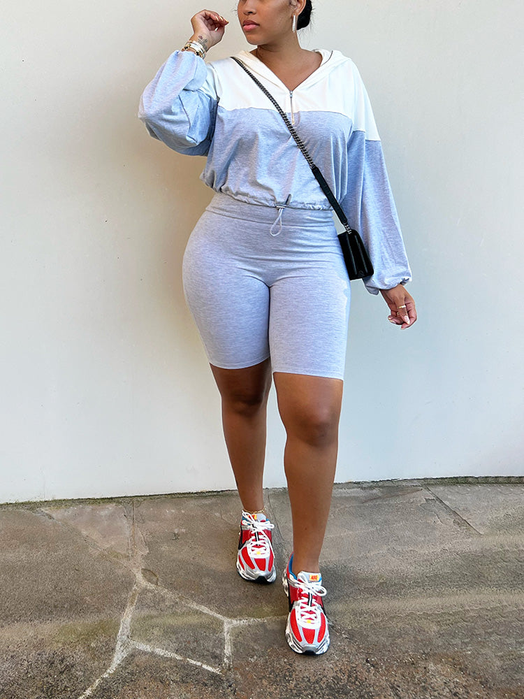 Half Zip Hoodie & Biker Shorts Set *Blue / S