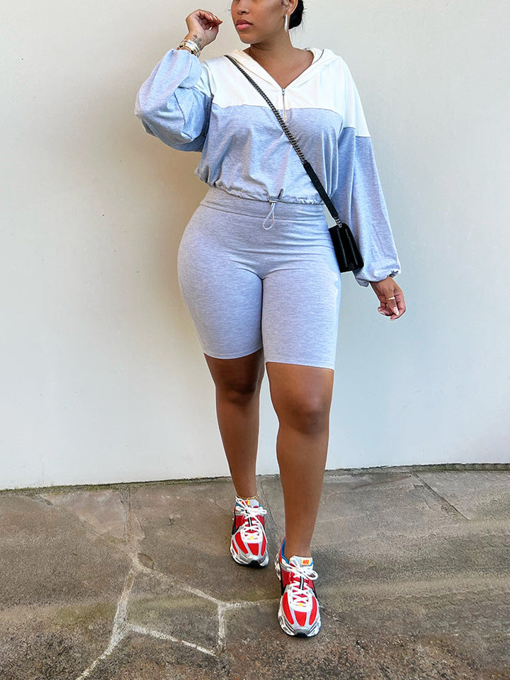 Half Zip Hoodie & Biker Shorts Set *Blue / S