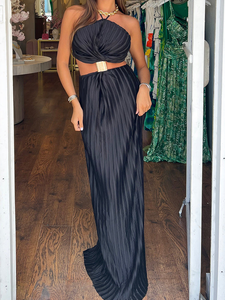 Halter Cutout Pleated Dress Black / L