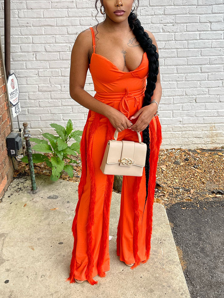 Spaghetti Strap Top Fringe Pants Set Orange / 2XL