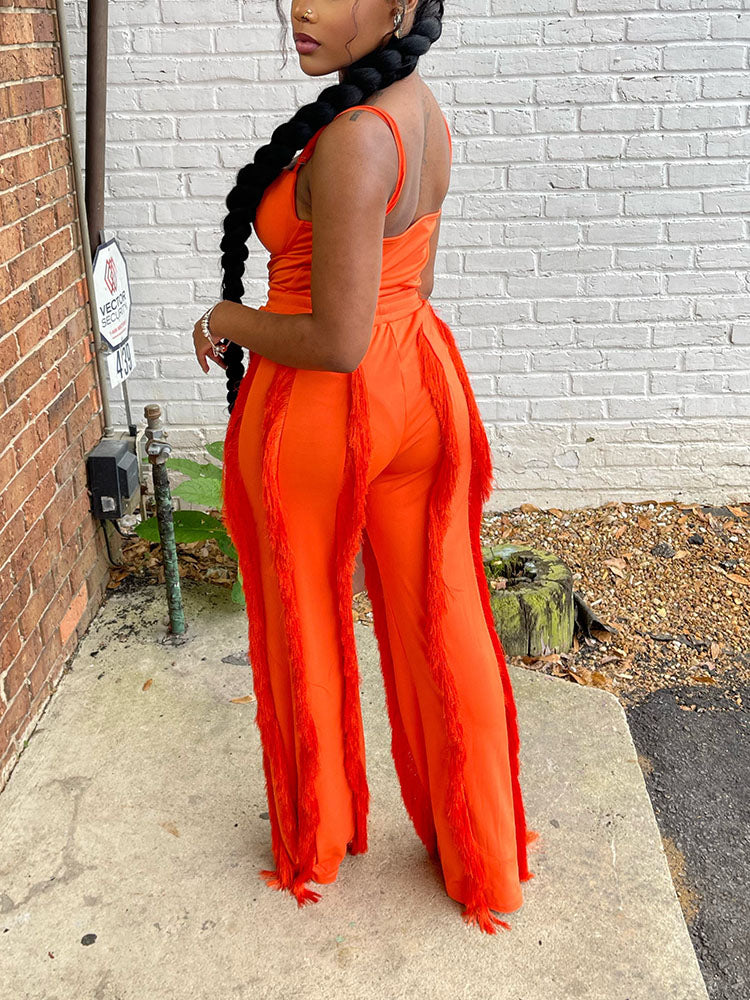 Spaghetti Strap Top Fringe Pants Set Black / S