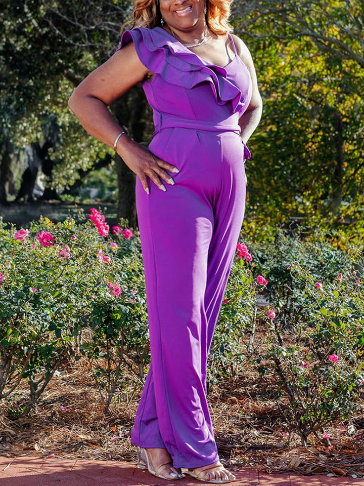 Ruffle Belted Wide Jumpsuit Wine Red / 2XL