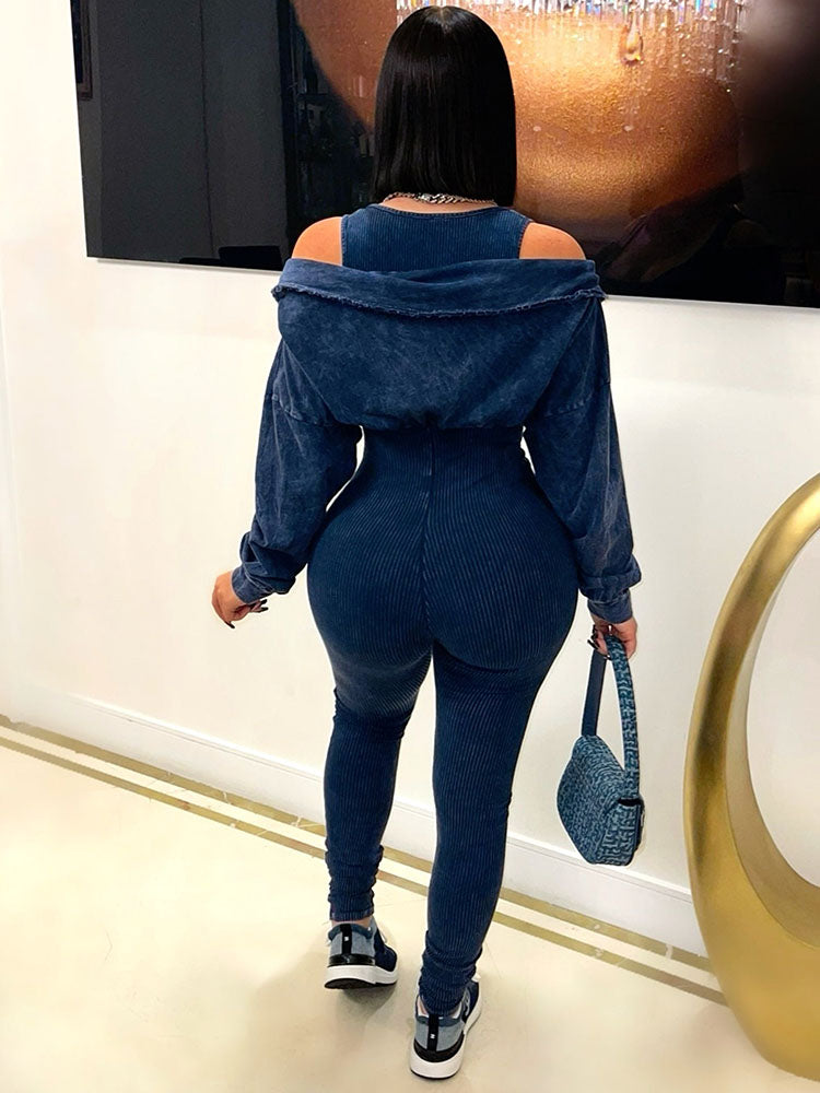 Washed Cold Shoulder Jumpsuit Navy / 2XL
