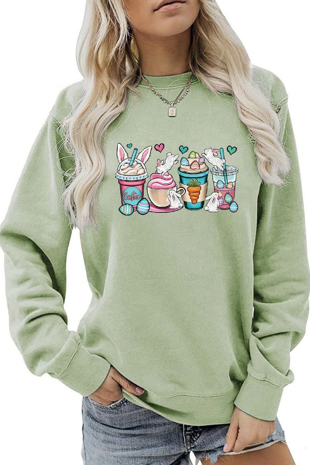 Ice Cream Bunny Print Sweatshirt Fluorescent Green · M