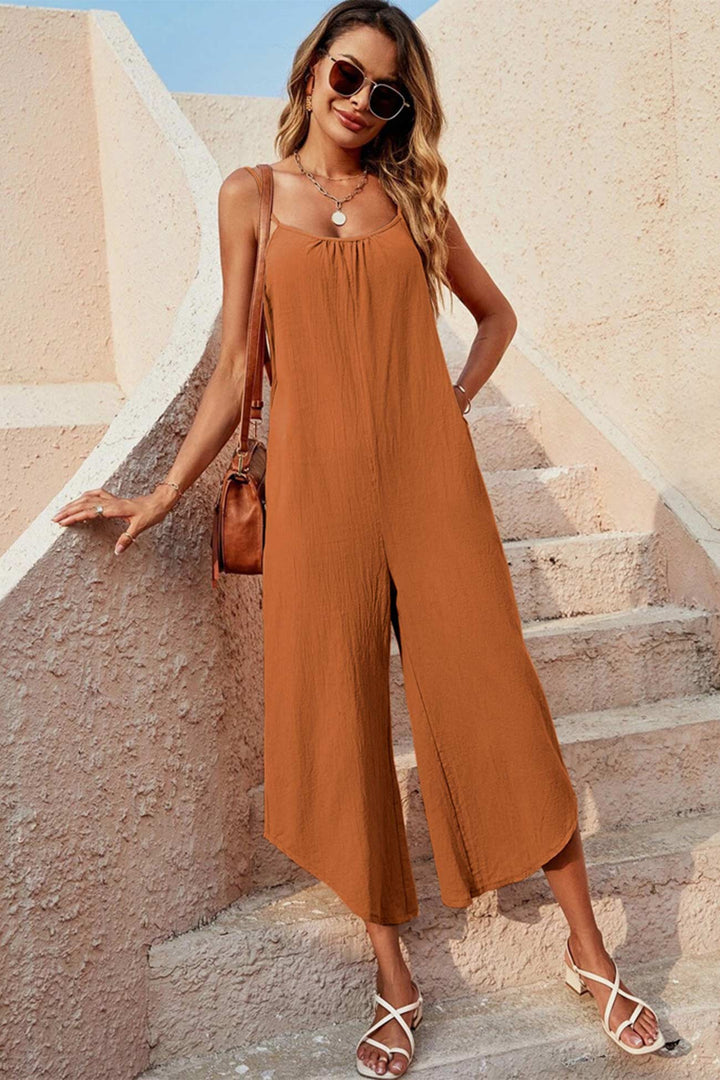 Solid Color Sleeveless Loose Jumpsuits Orange · L