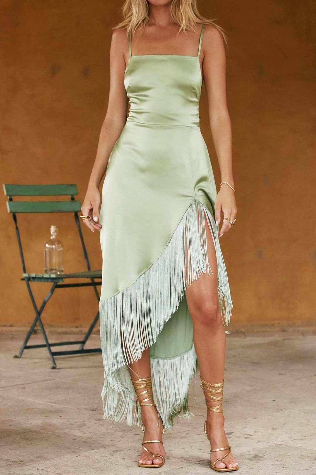 Irregular Tassel Backless Bow Cami Dress Green · M