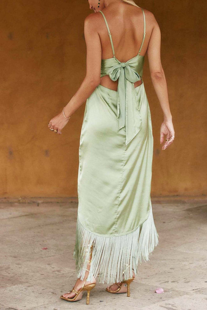 Irregular Tassel Backless Bow Cami Dress Green · S