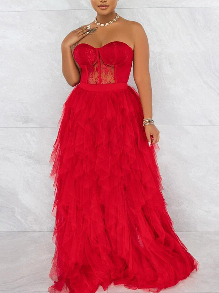 Lace Slit Tulle Dress Red / XL