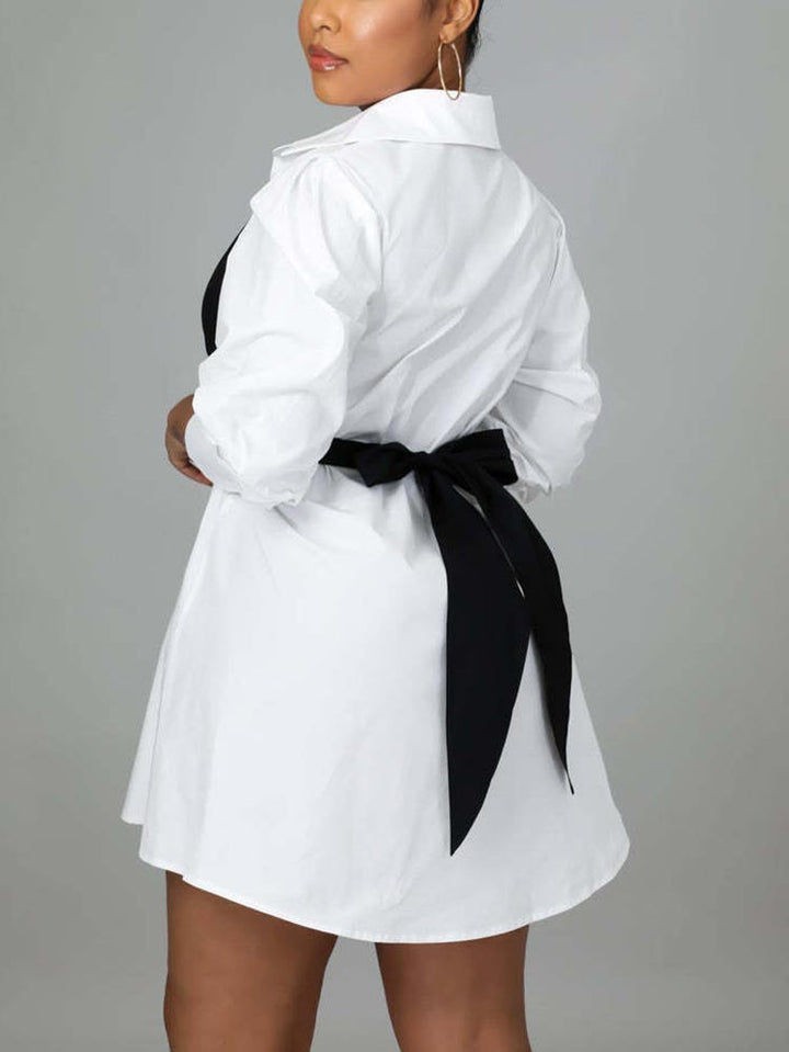 Patchwork Lace Up Shirt Dress Black / M