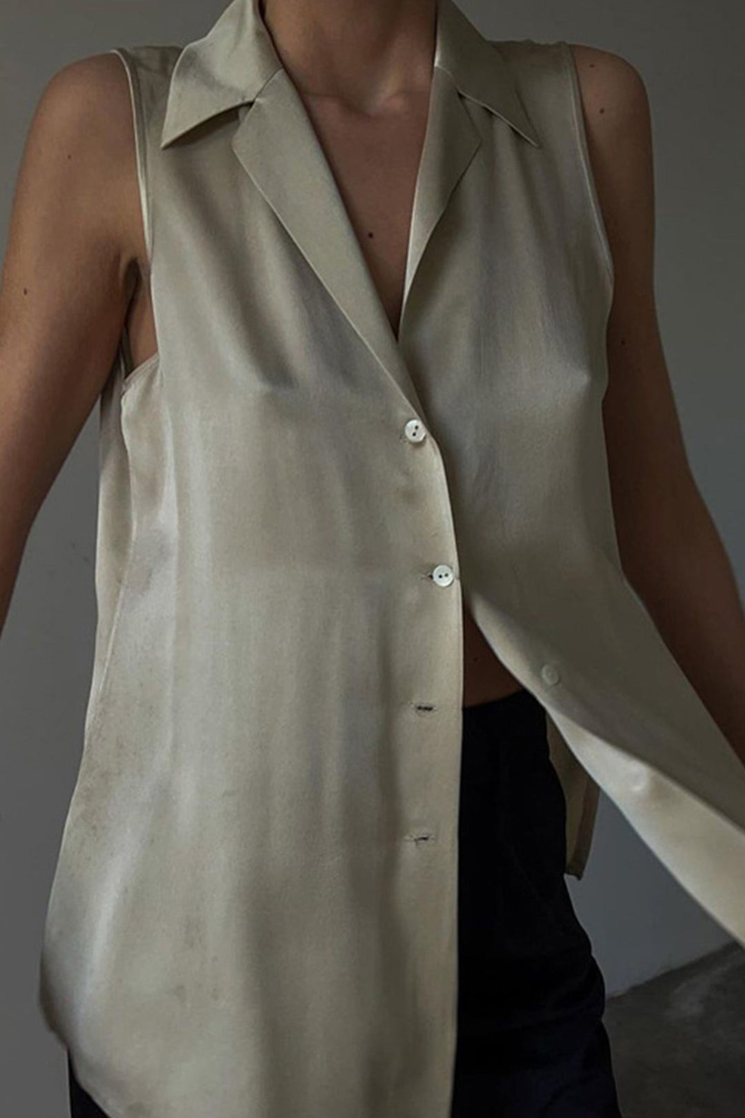 Khaki Satin Lapel Cardigan Tank Top Khaki · L
