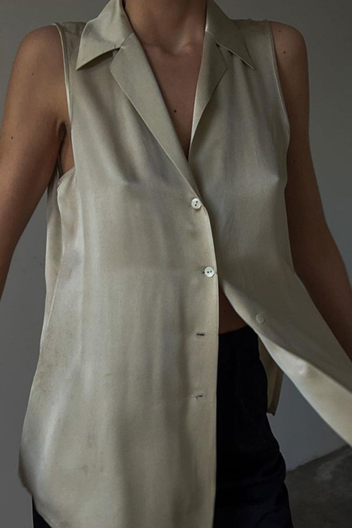Khaki Satin Lapel Cardigan Tank Top Khaki · L