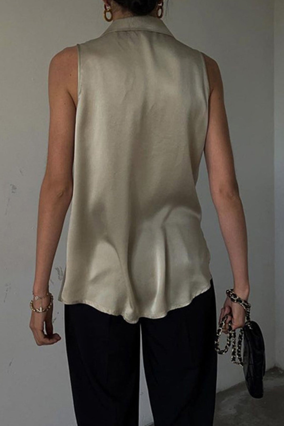 Khaki Satin Lapel Cardigan Tank Top Khaki · M