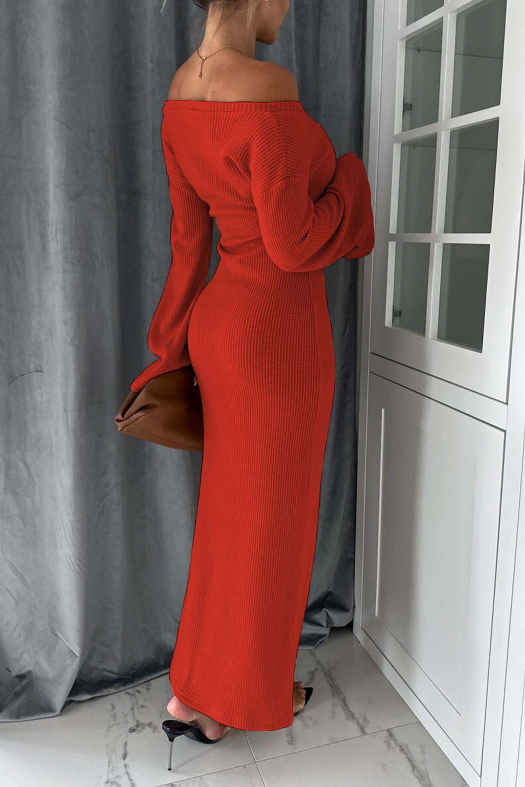 Knitted Bell Sleeve Mermaid Dress Red · S