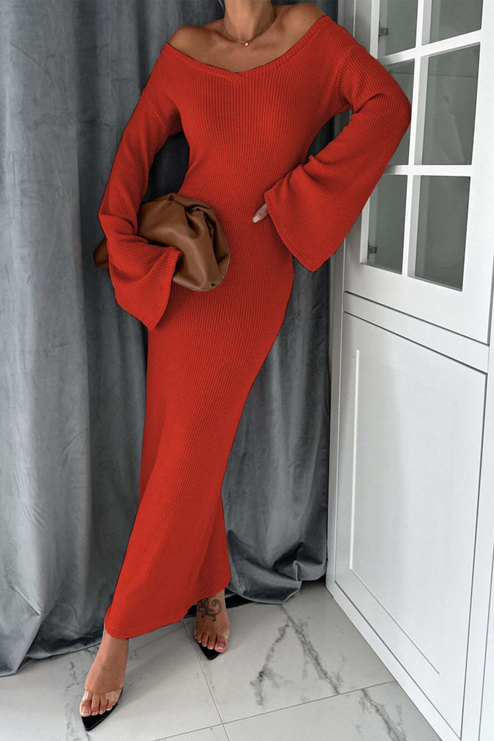 Knitted Bell Sleeve Mermaid Dress Red · M