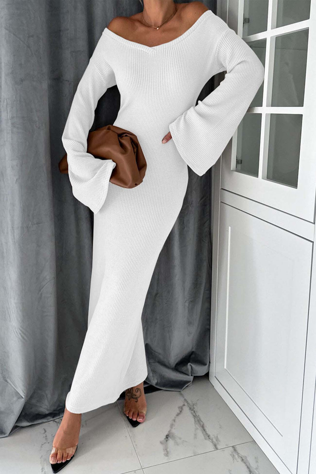 Knitted Bell Sleeve Mermaid Dress Grey · L