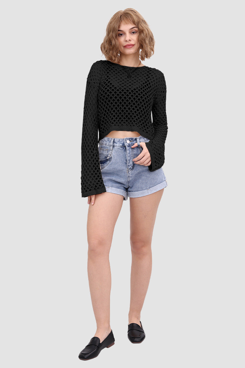 Knitted Cutout Flared Top Black · S