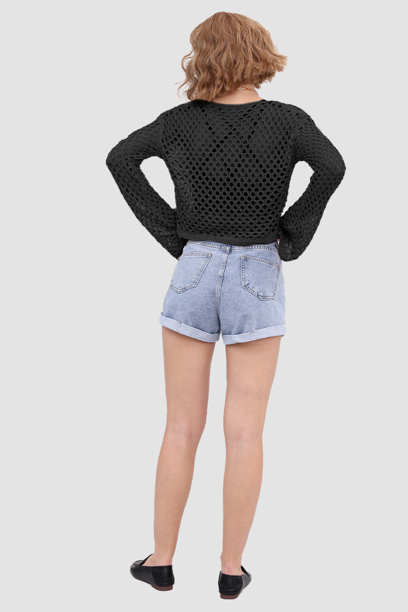 Knitted Cutout Flared Top Black · L
