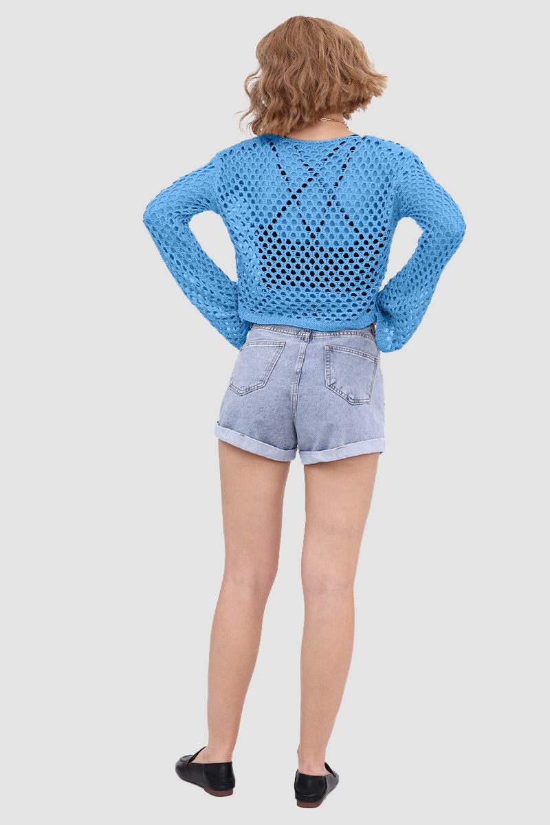 Knitted Cutout Flared Top Blue · L