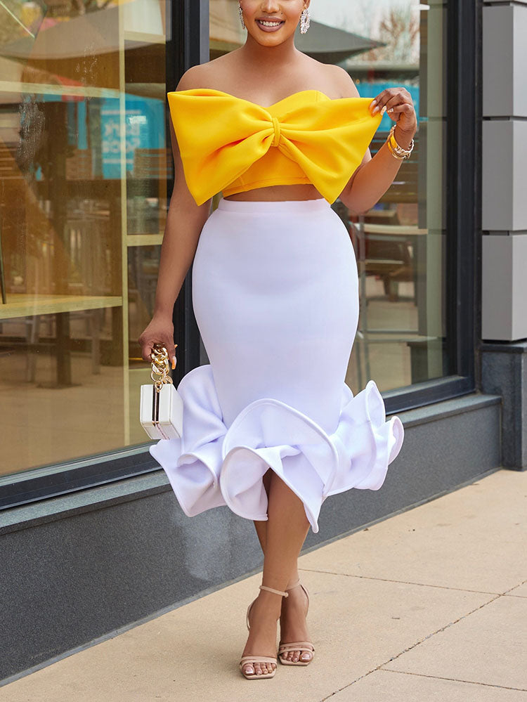 Bow Top Ruffle Skirt Set Black / XL
