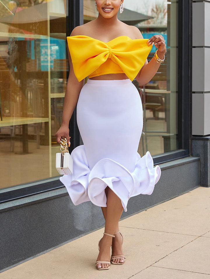 Bow Top Ruffle Skirt Set Black / XL