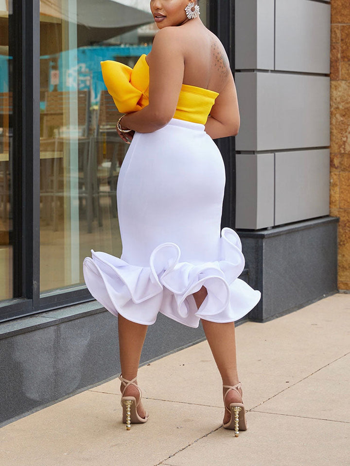 Bow Top Ruffle Skirt Set Yellow / L