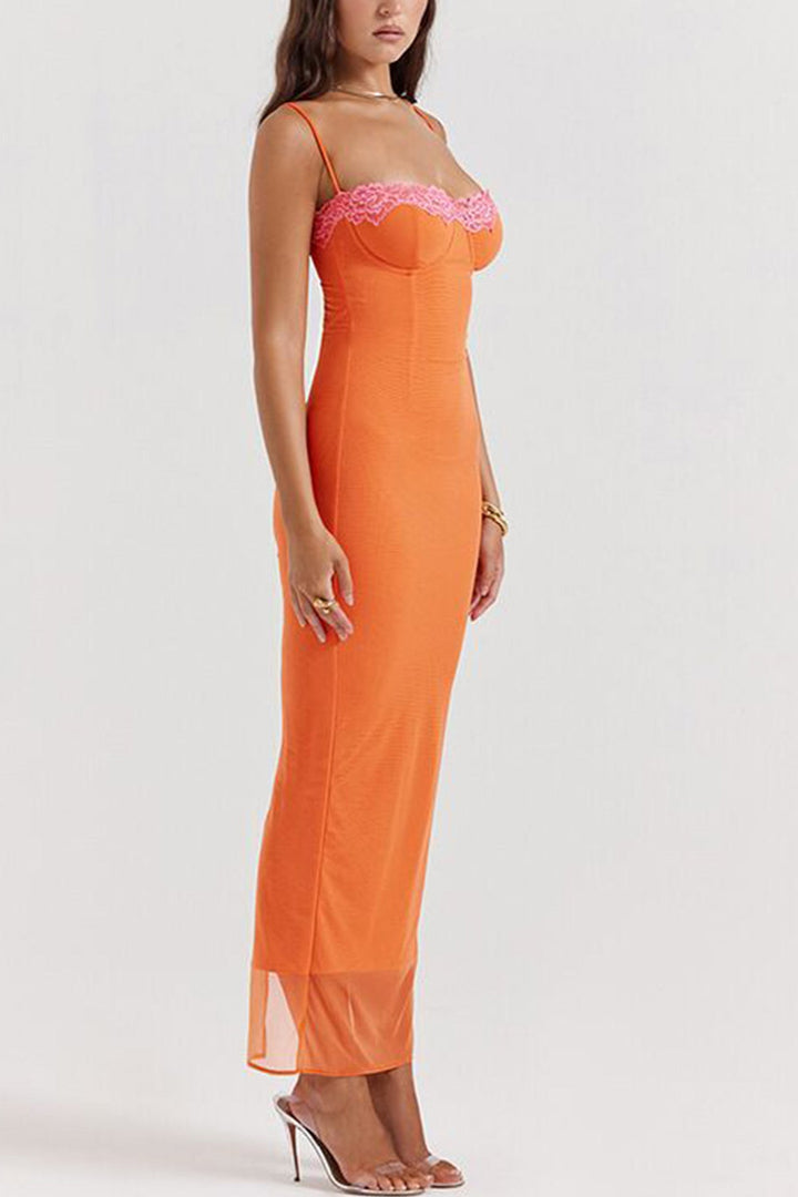 Lace Contrast Corset Cami Dress Orange · L