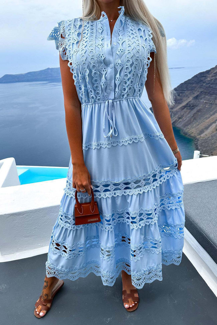 Lace Crochet Hollow Out Tiered Dress White · M